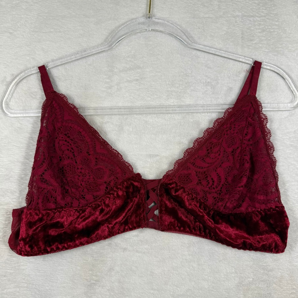 Ella Lust Burgundy Red Lace and Velvet Bralette XL Adjustable Straps Lingerie